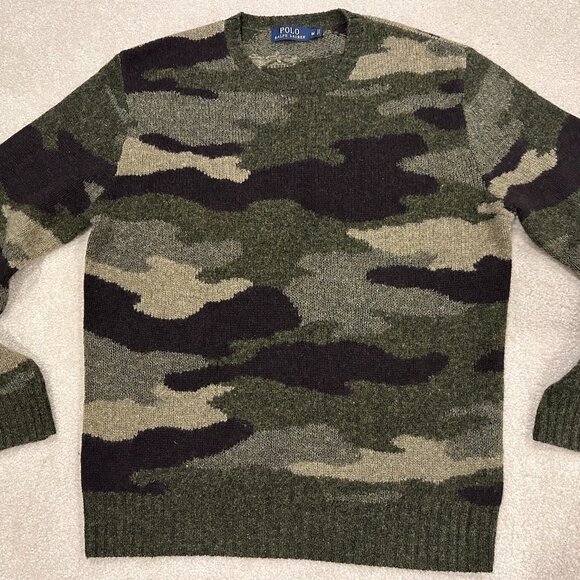NEW $265 Polo Ralph Lauren Wool Merino Camo Leather Patch J Crew Sweater M NWOT - Picture 2 of 7